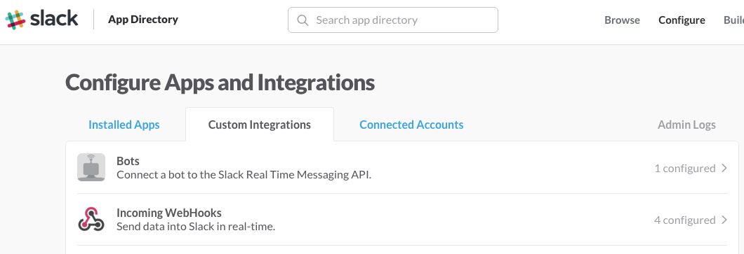 Screenshot of option to create an incoming webhook integration in Slack
