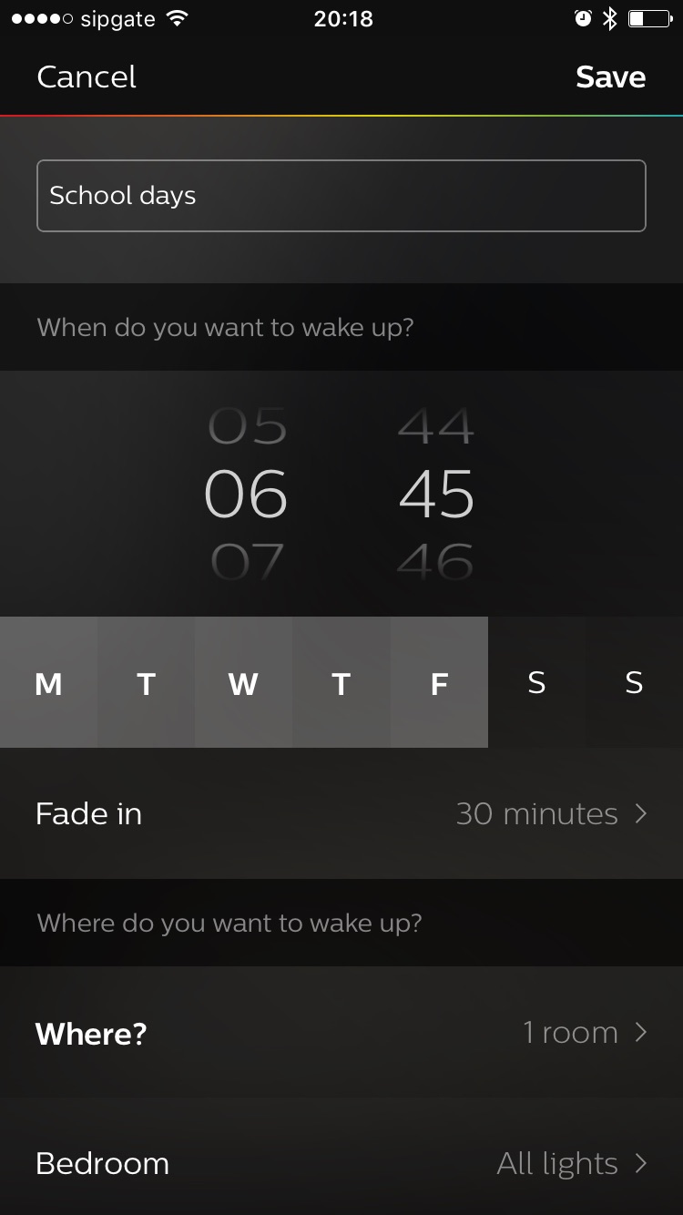 Screenshot of setting a new routine in Philips Hue iPhone app