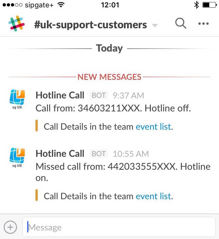 Screenshot of slack iphone client showing sipgate calls