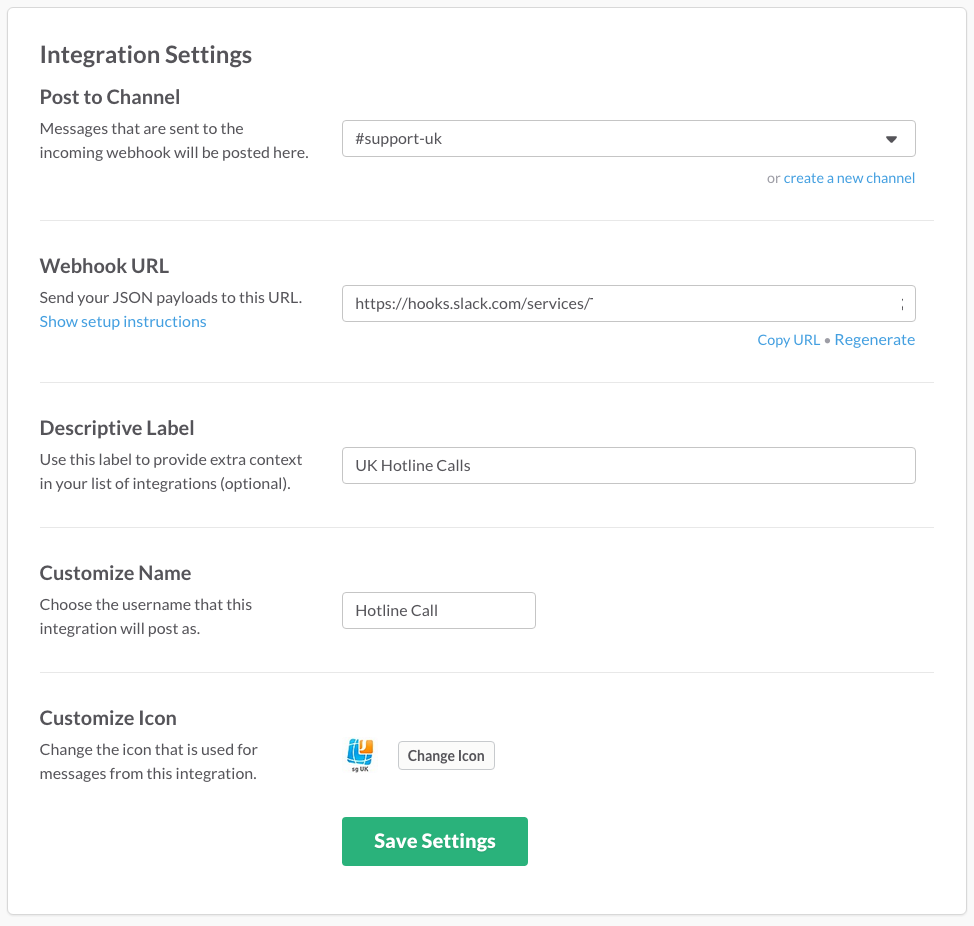 Screenshot of configuring an incoming webhook integration in Slack