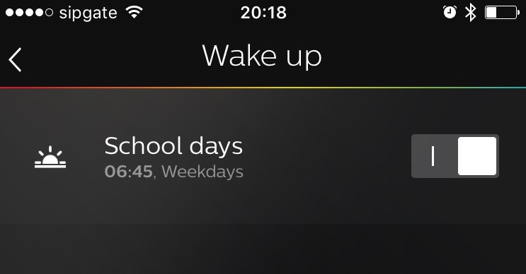 Screenshot of finished wake up alarm in Philips Hue iPhone app