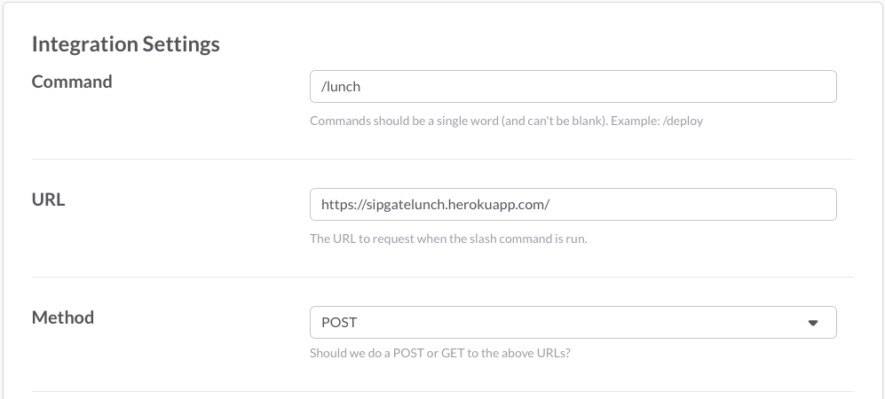 Screenshot of integration settings for a Slack slash command